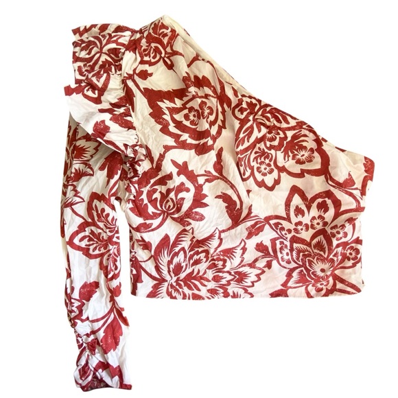 Zara Tops - Zara One Shoulder Floral Cropped Top Size Large Red And Cream Ruffle Shoulder